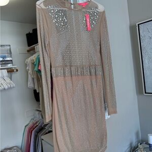 Xtaren Tan Long Sleeve Embellished Dress